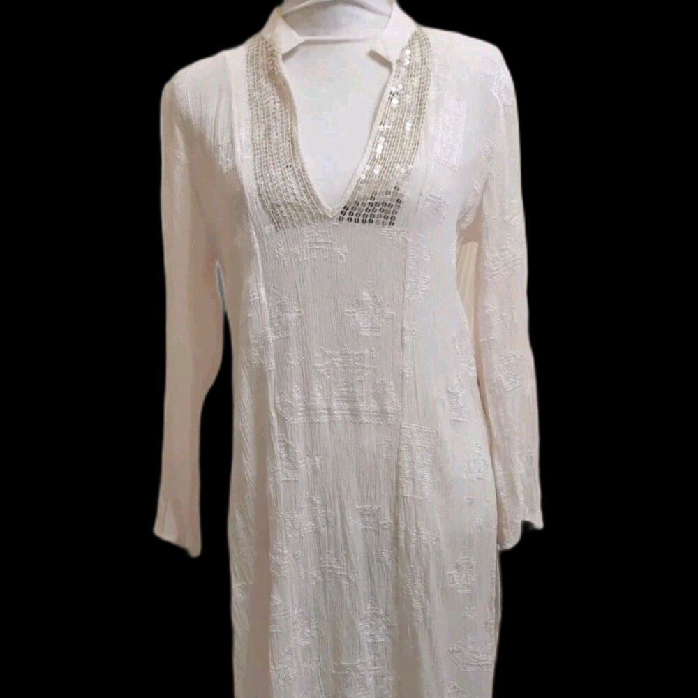 CHICOS Cream White Kimono Silk Tunic Dress Sequins Asian-Inspired Size 1